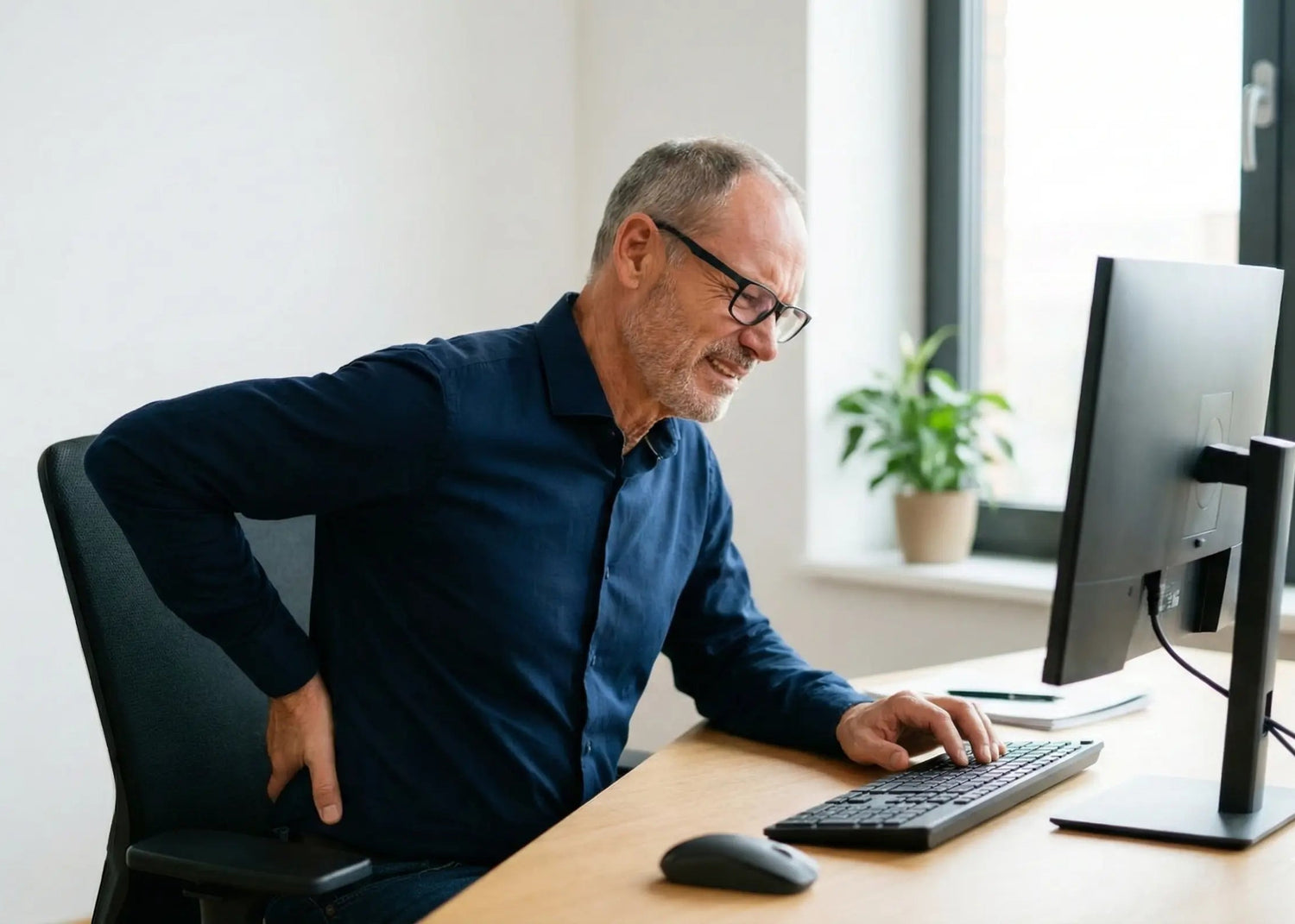 Man experiencing back pain while sitting at a desk with a computer.